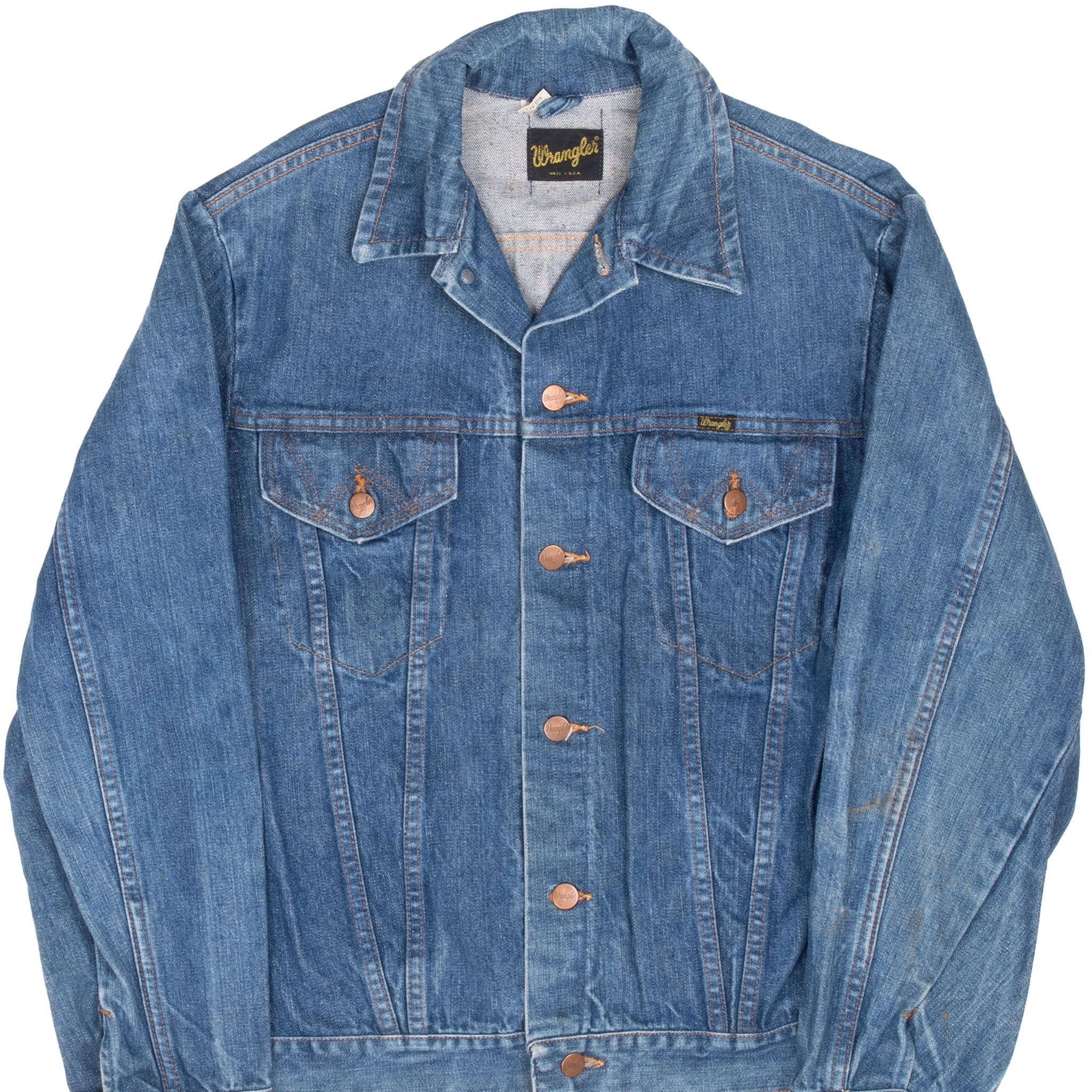 NoiseFreeMaterial Bonded seams VINTAGE WRANGLER 2 POCKETS BLUE DENIM JACKET 1970S SIZE 42L MADE IN USA
