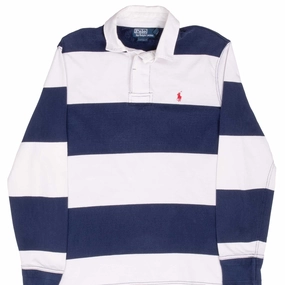 design trend VINTAGE RALPH LAUREN BLUE & WHITE STRIPED RUGBY POLO SHIRT 1990S MEDIUM