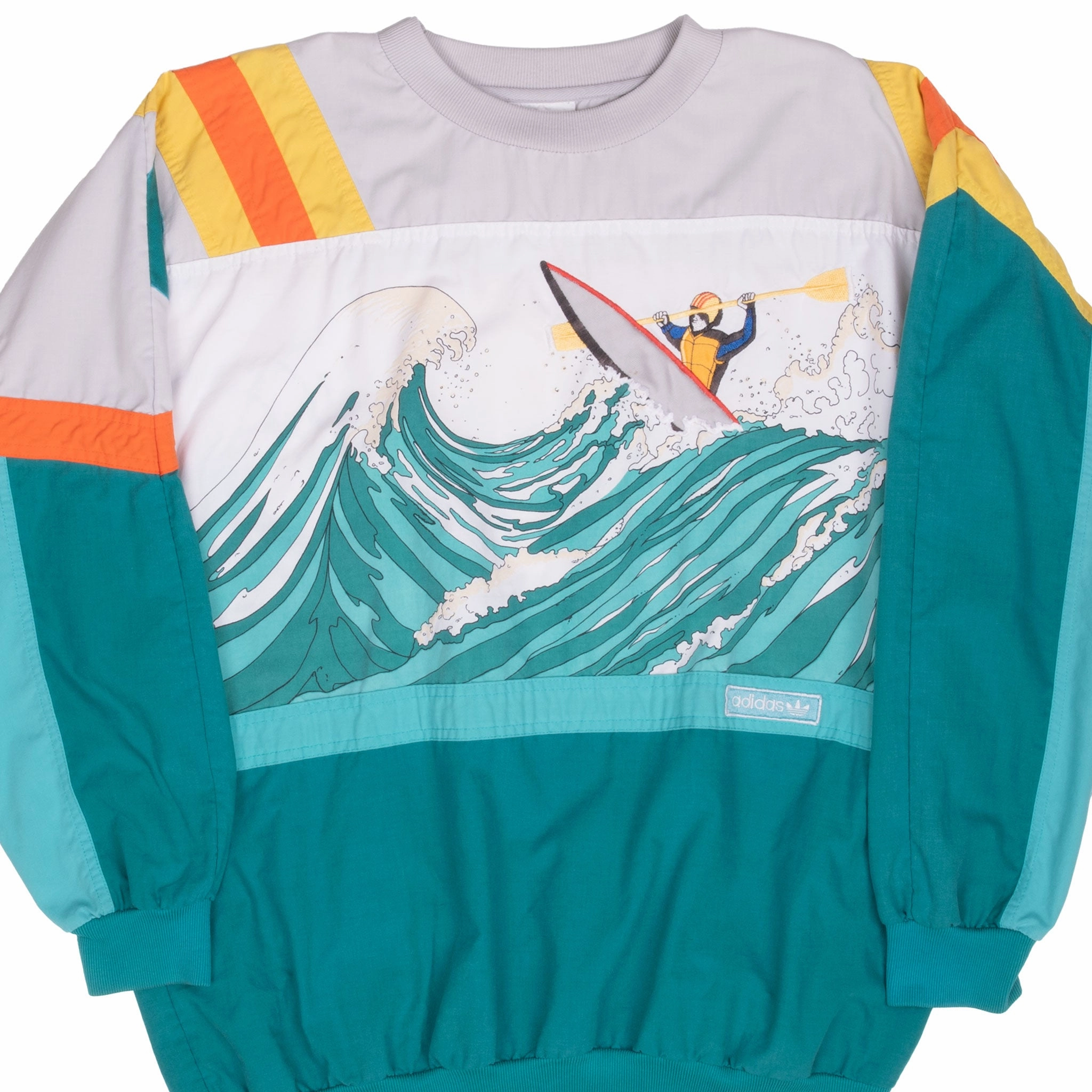product embroidery artistry product shoe support VINTAGE ADIDAS DEVIL'S TOENAILS AMUZA RIVER KAYAKING SWEATSHIRT XL 1970S