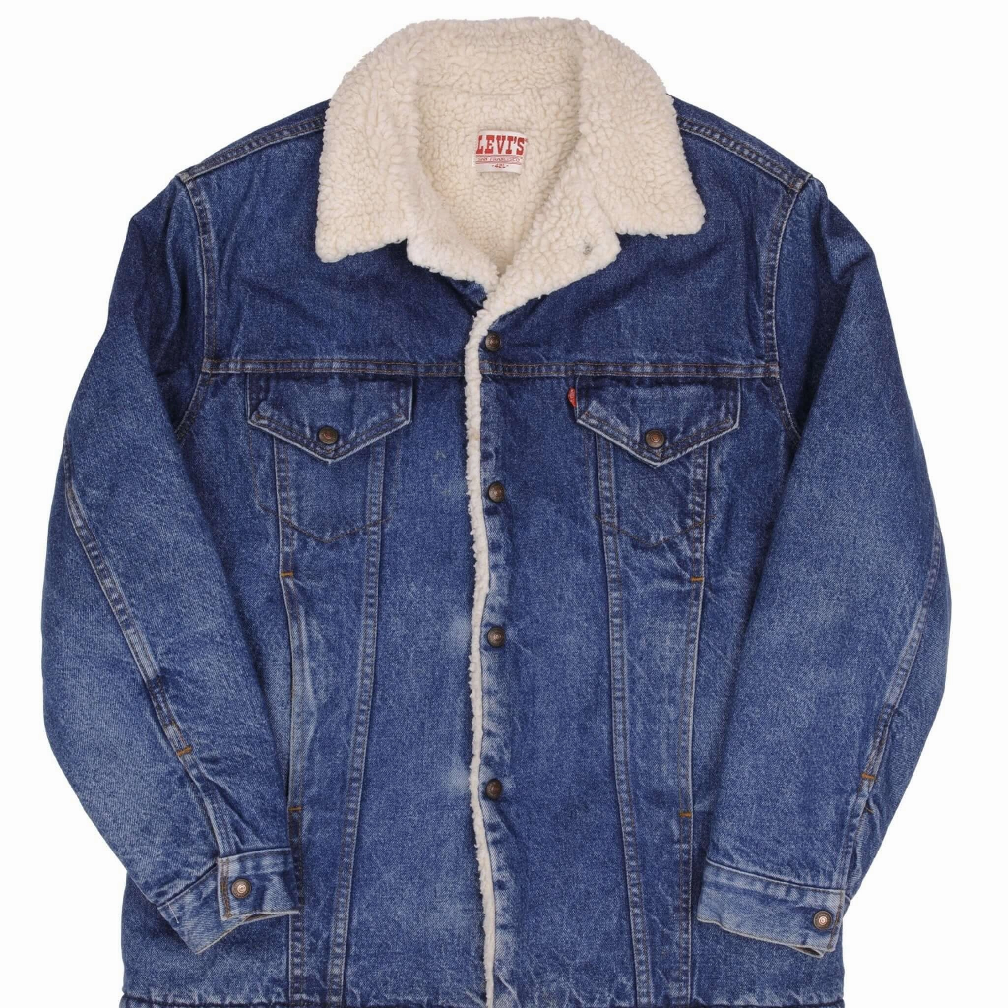 VINTAGE LEVIS SHERPA TRUCKER DENIM JACKET 1980S SIZE 42L MADE IN USA Moisture Wicking Lining