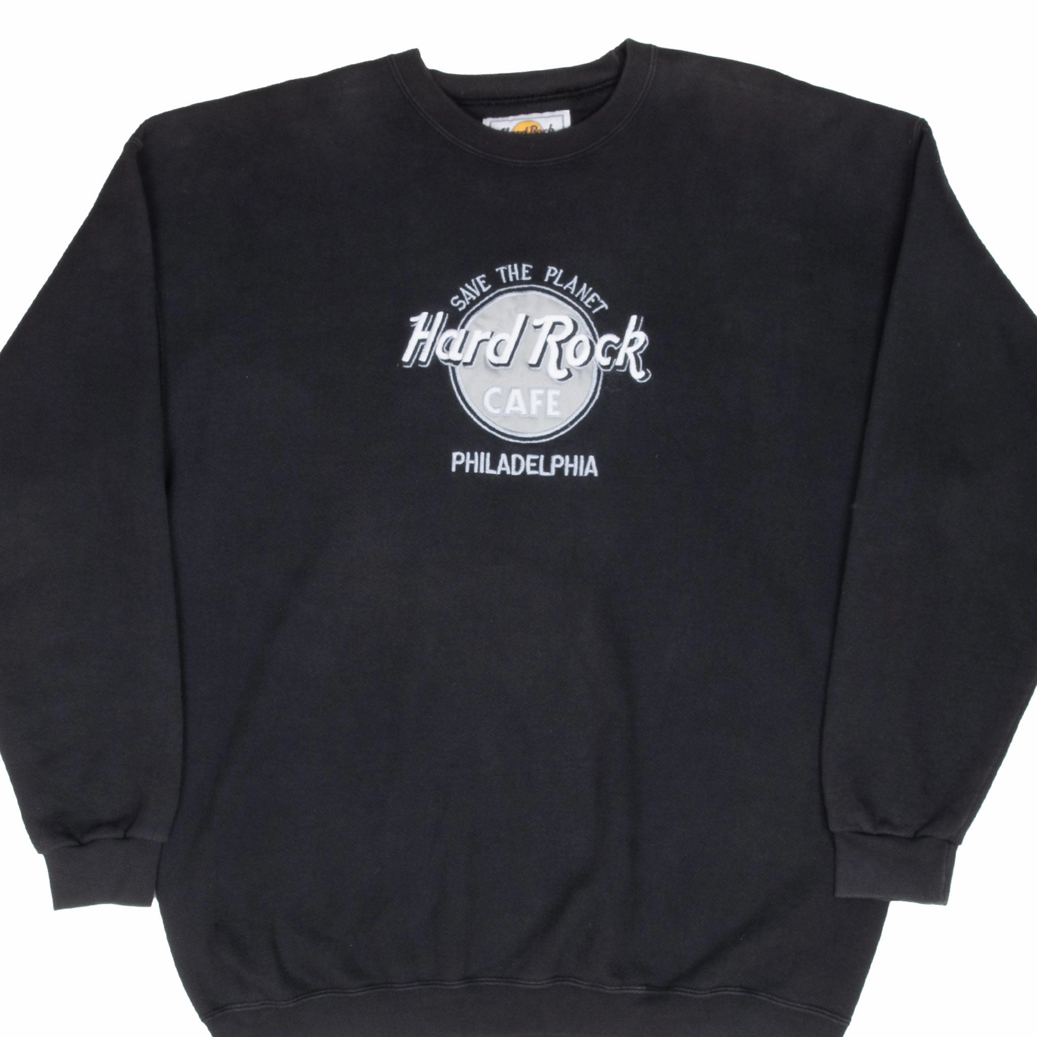 VINTAGE HARD ROCK CAFE PHILADELPHIA EMBROIDERED BLACK SWEATSHIRT 1990S XL MADE USA Relaxed Street Comfy Streetwear