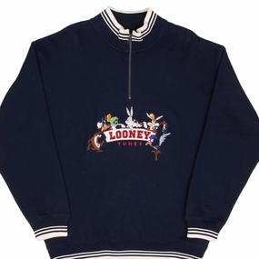 Odor-resistant VINTAGE LOONEY TUNES QUARTER ZIP EMBROIDERED SWEATSHIRT 1998 SIZE LARGE