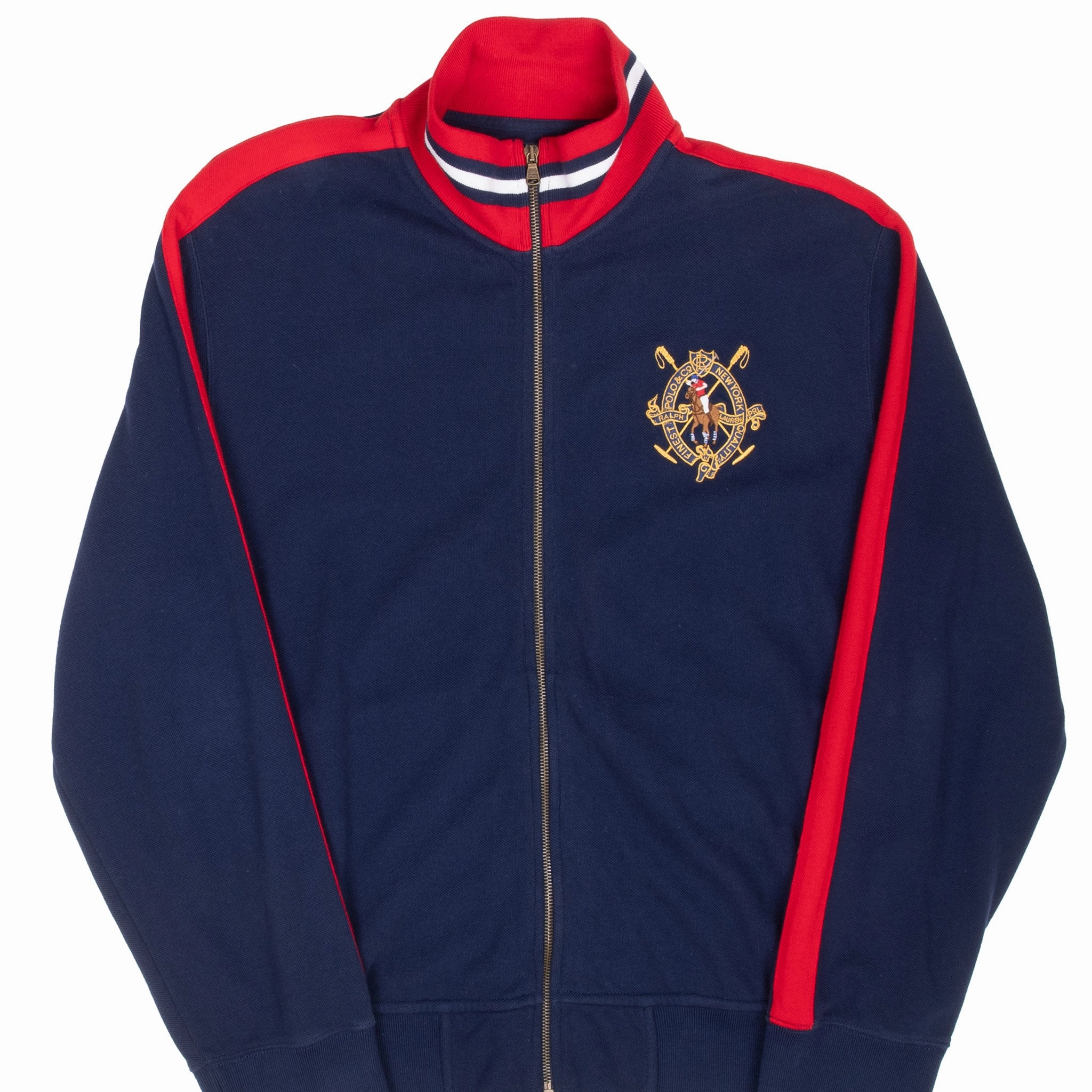 VINTAGE POLO RALPH LAUREN NEW YORK BLUE  ZIP UP JACKET 1990S LARGE Ergonomic Shoulder Panels